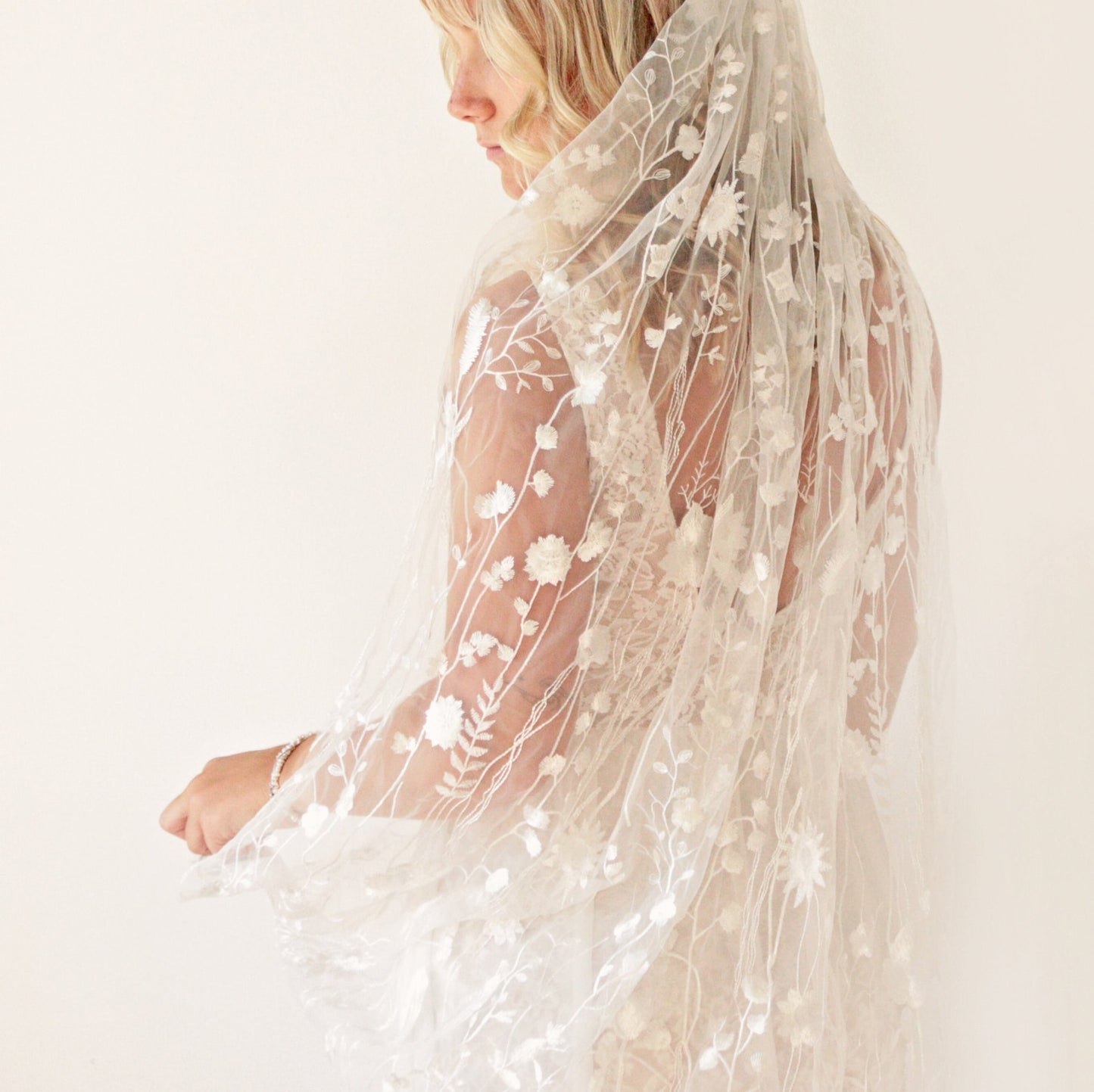 White wildflower embroidered bridal veil