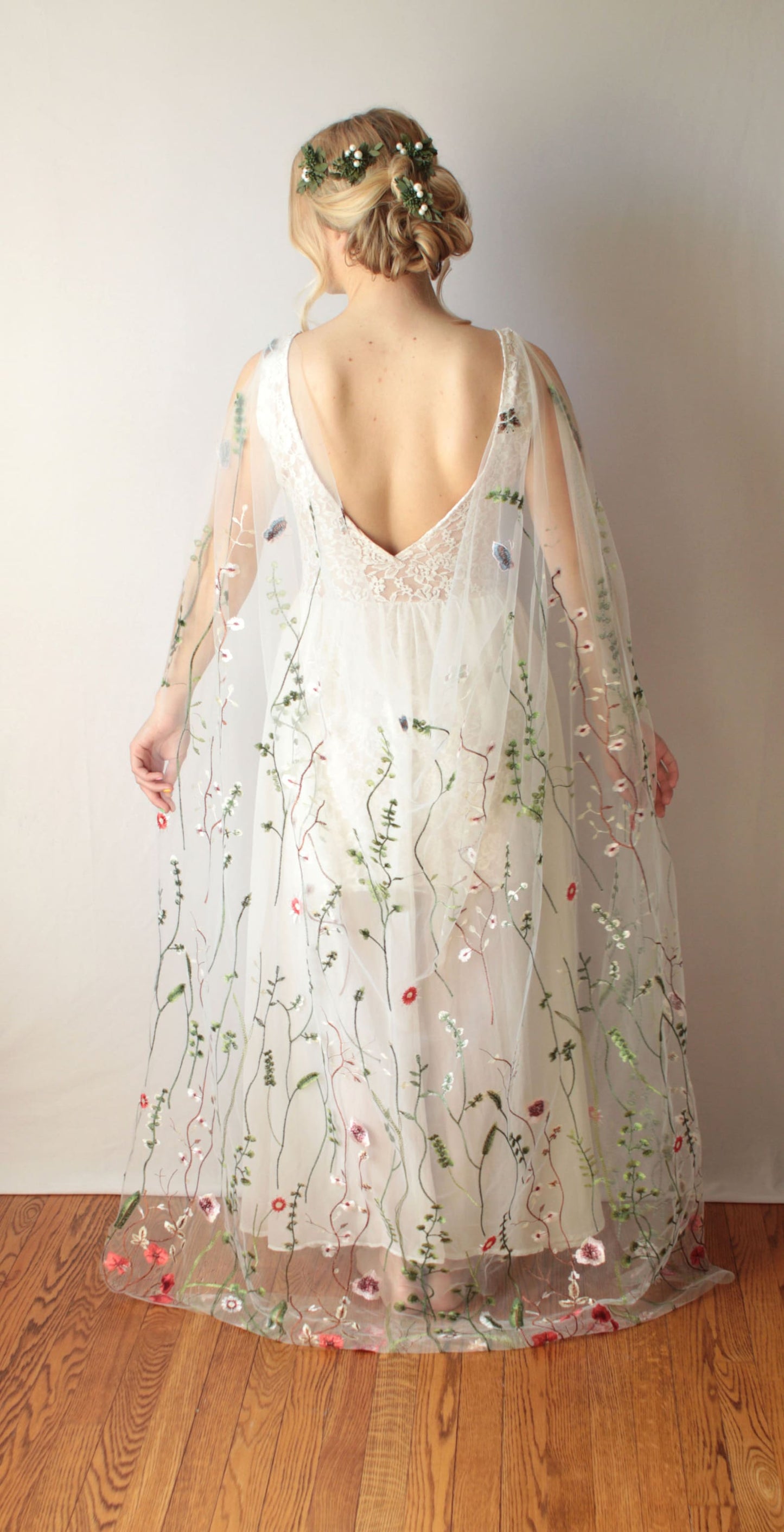 Wildflower embroidered floral bridal drape cape