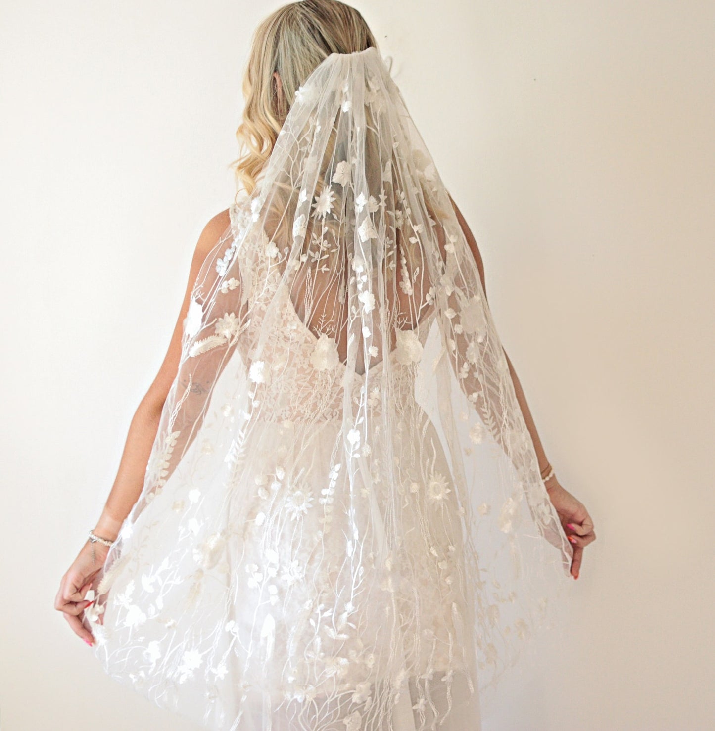 White wildflower embroidered bridal veil