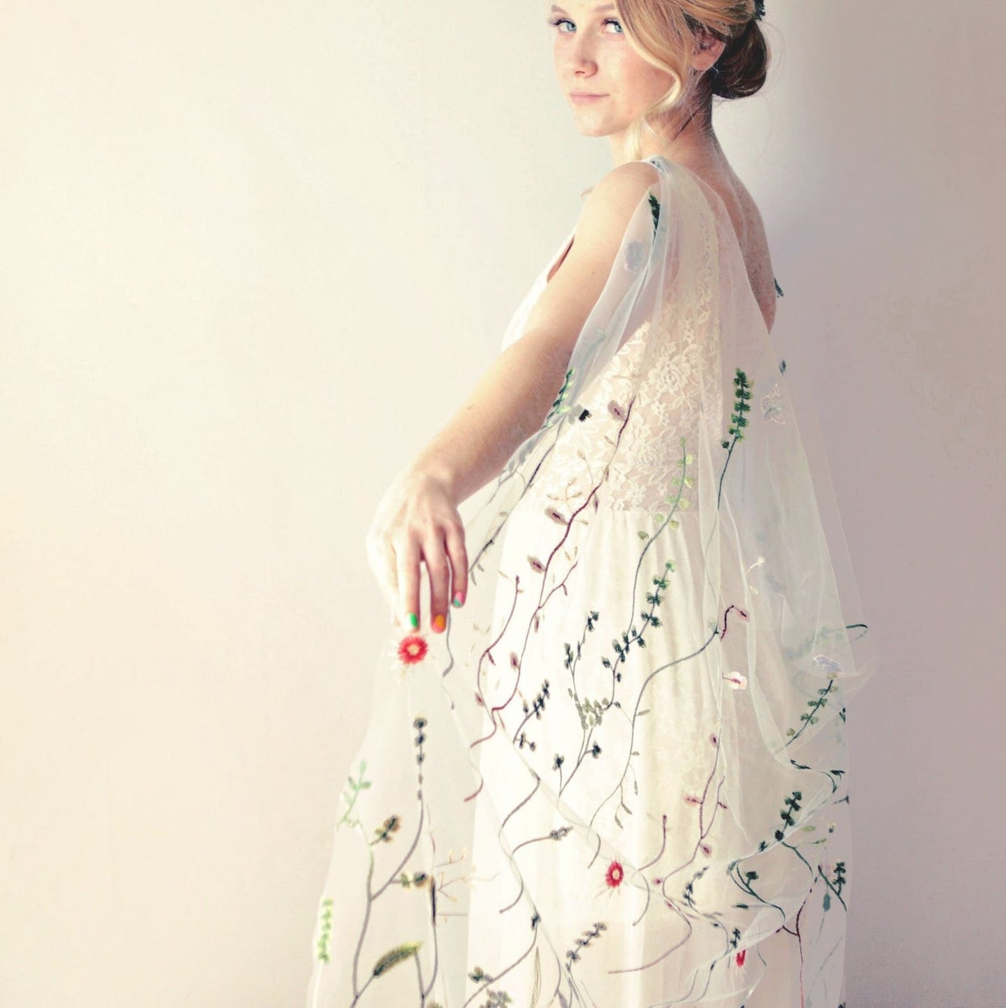 Wildflower embroidered floral bridal drape cape