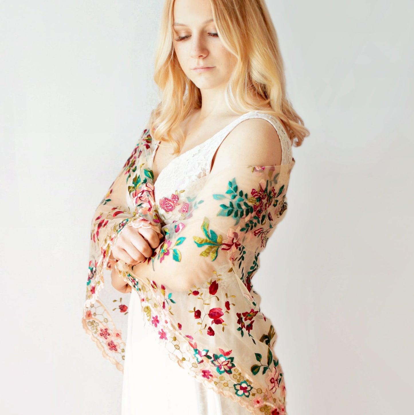Garden rose floral embroidered shawl wrap