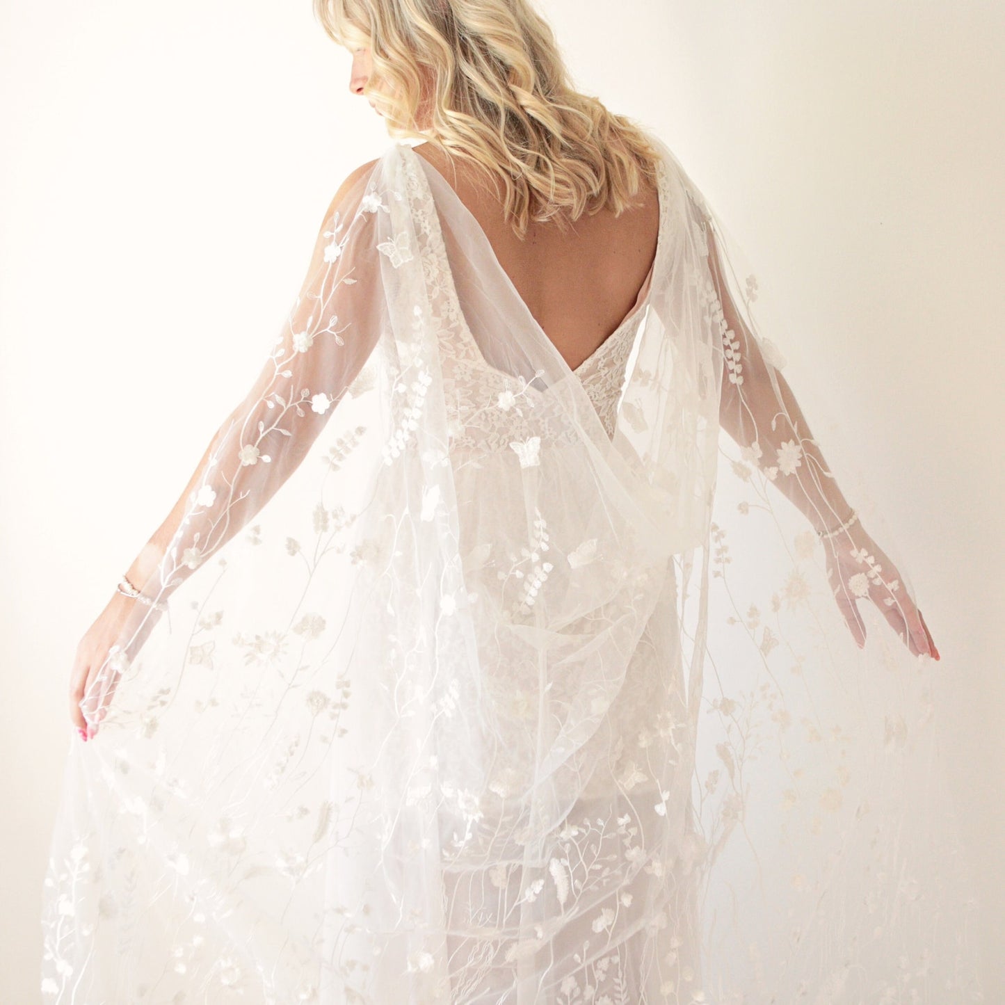 White wildflower bridal drape cape