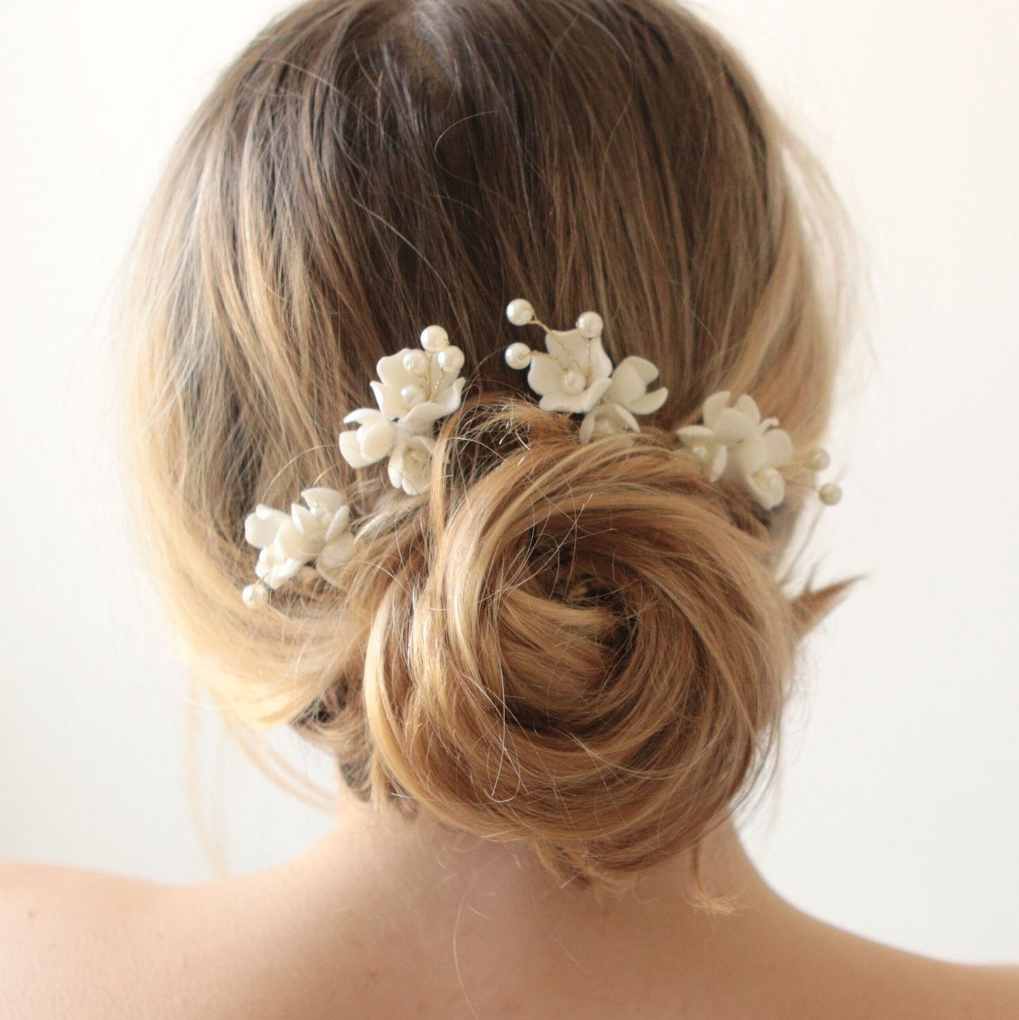 White porcelain flower hair pins
