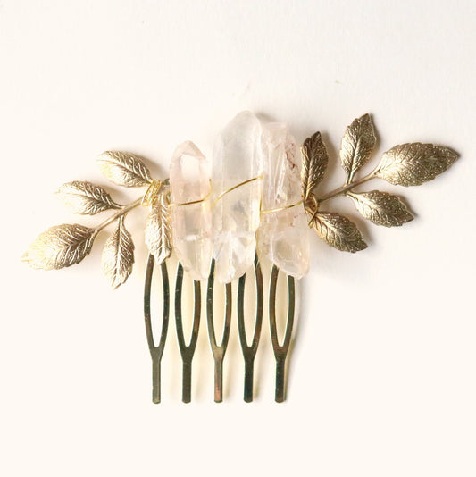 Raw quartz crystal and gold leaf comb